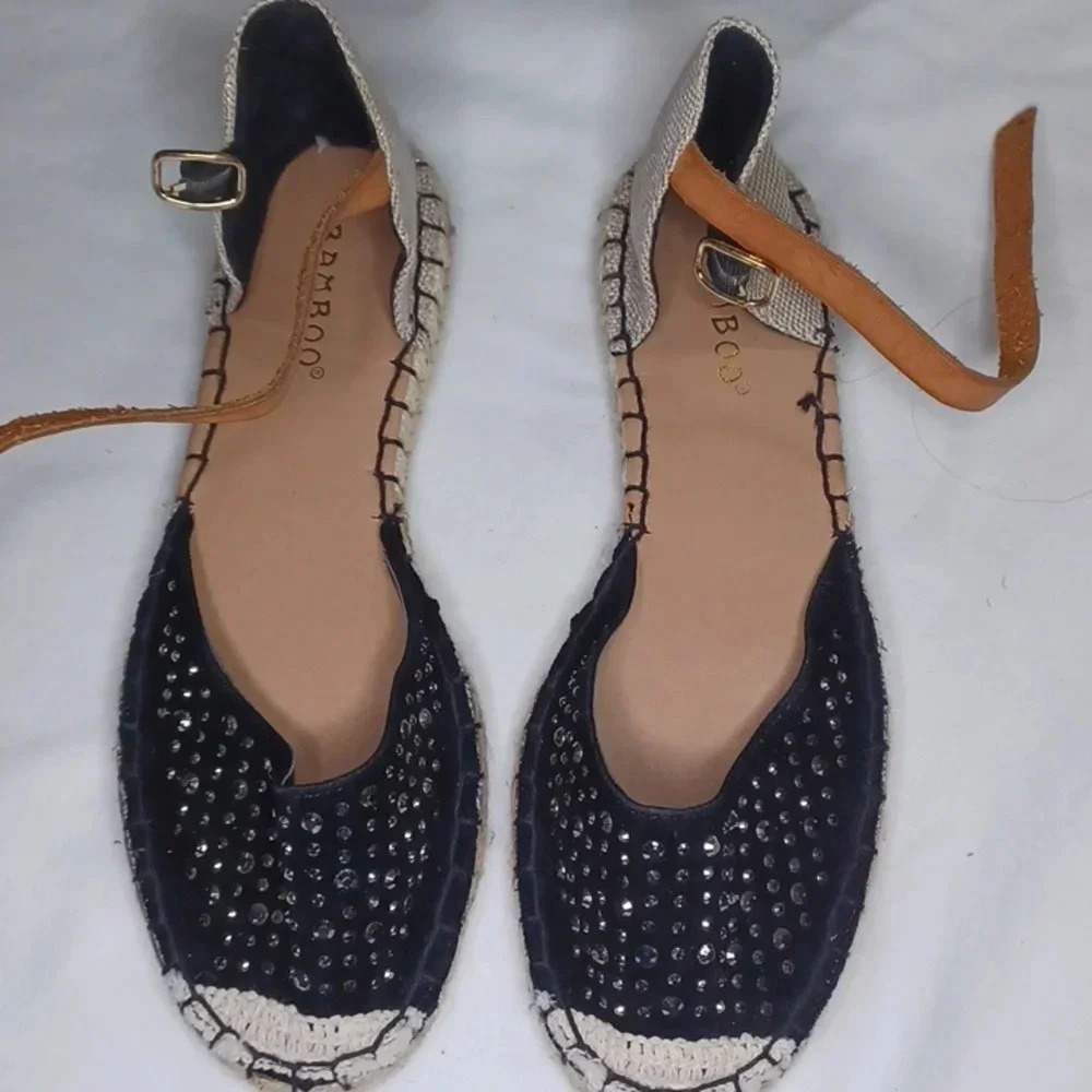 Bamboo black rattan espadrille boho casual chic sandals